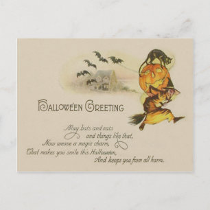 Carte Postale Citrouille Chauve-Souris Chat Noir Sorcière