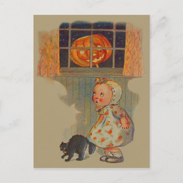 Carte Postale Citrouille de fille effrayée Chat noir Farce (Devant)