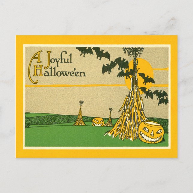 Carte Postale Citrouille de Jack O' Lantern en meule de foin cha (Devant)