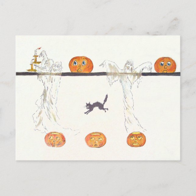 Carte Postale Citrouille de Jack O Lantern fantôme Chat Noir (Devant)