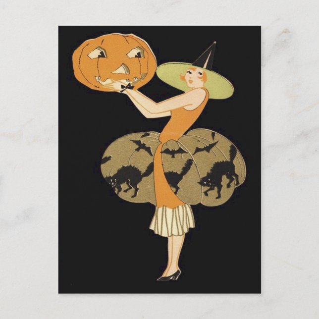 Carte Postale Citrouille de sorcière Art Déco Jack O Lantern Cha (Devant)