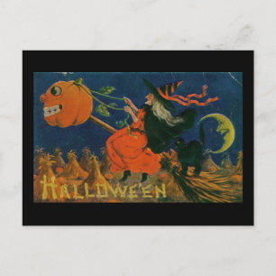 Carte Postale Citrouille de sorcière Halloween Broomstick Vintag