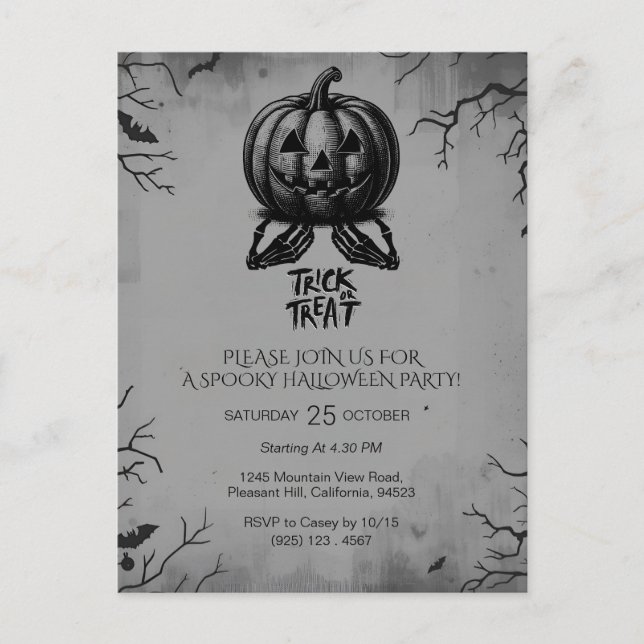 Carte Postale Citrouille de squelette effrayant Trick ou traiter (Devant)