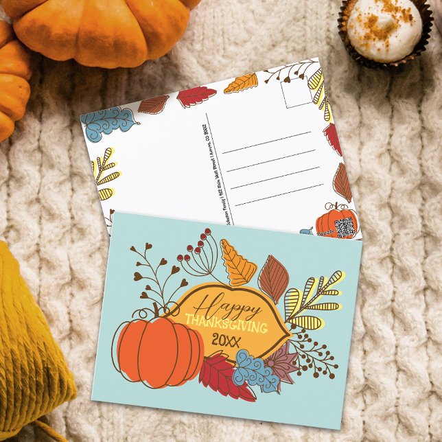 Carte Postale Citrouille de Thanksgiving d'art folklorique bleu  (Créateur téléchargé)