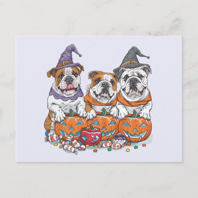 Carte Postale Citrouille des Bulldogs anglais d'Halloween (Devant)