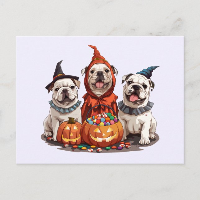 Carte Postale Citrouille des Bulldogs anglais d'Halloween (Devant)