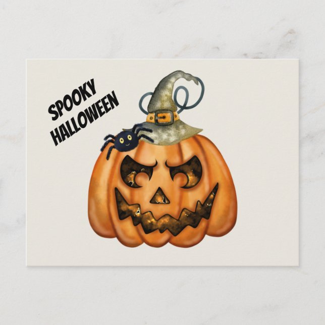 Carte Postale Citrouille d'Halloween effrayante avec araignée (Devant)