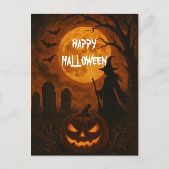 Carte Postale Citrouille d'Halloween effrayante Sorcière Nuit ef (Devant)