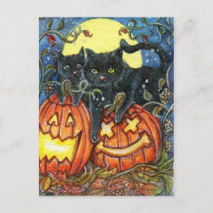 Carte Postale Citrouille d'Halloween et chats noirs