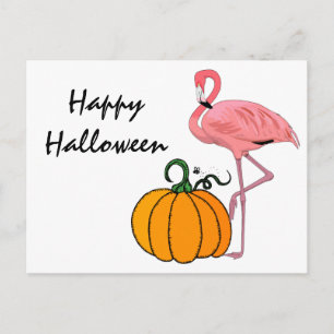 Carte Postale Citrouille d'Halloween flamant rose
