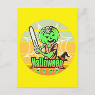 CARTE POSTALE CITROUILLE D'HALLOWEEN VINTAGE AVEC TRONÇONNEUSE E