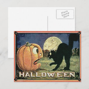 Carte Postale Citrouille et chat de Halloween vintage en mosaïqu