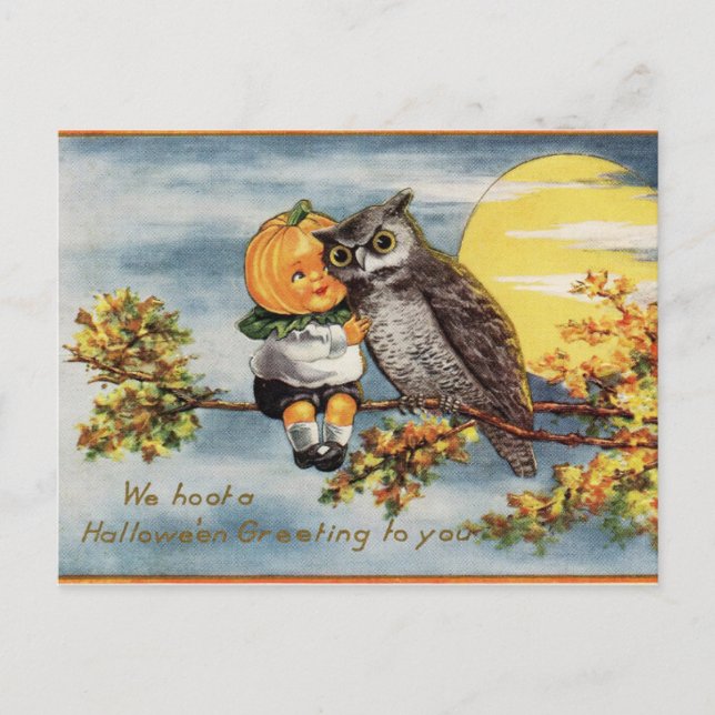 Carte postale Citrouille Halloween Owl Moon vintag (Devant)