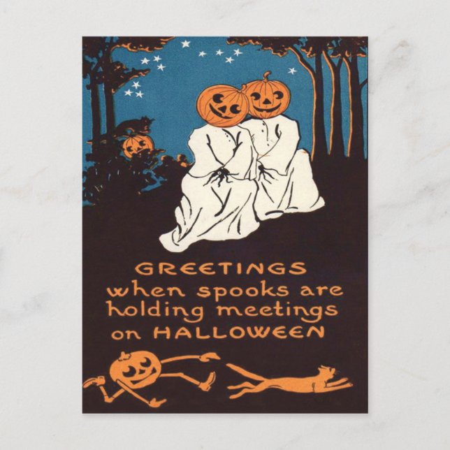 Carte Postale Citrouille Jack O' Lantern Fantôme Chat Noir Arbre (Devant)