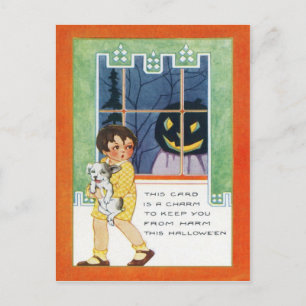 Carte Postale Citrouille Jack O Lantern Fantôme Fille Chiot