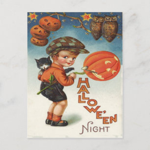 Carte Postale Citrouille Jack O Lantern Garçon Chat