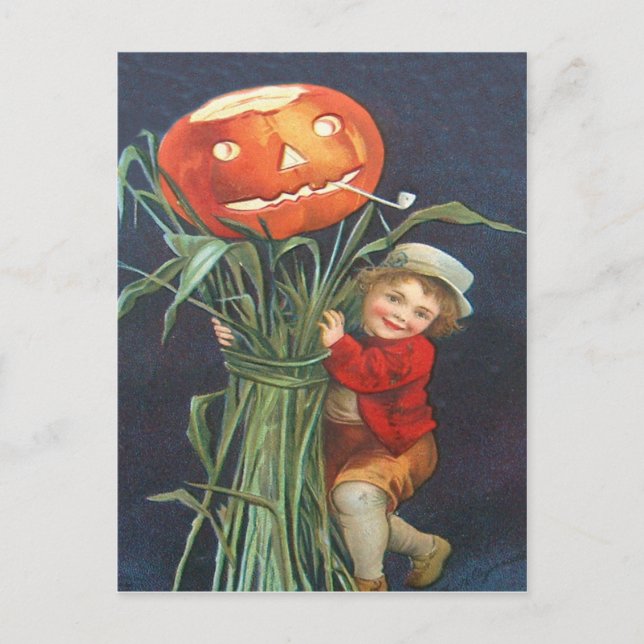 Carte Postale Citrouille Jack O Lanterne Épi de Maïs Garçon (Devant)
