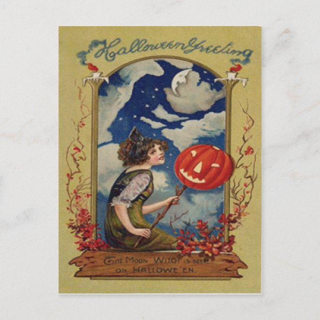 Carte Postale Citrouille Jack O Lanterne Sorcière Lune (Devant)