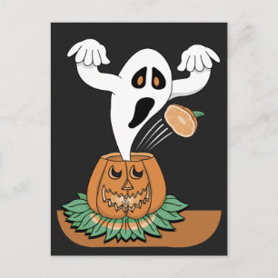 Carte Postale Citrouille Jack O'Lantern sculptée avec fantôme ef