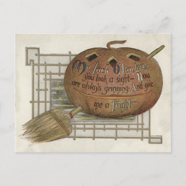 Carte Postale Citrouille Lanterne de Jack Balai de Sorcière (Devant)