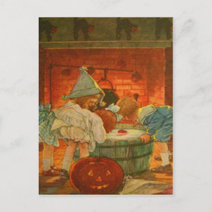 Carte Postale Citrouille Lanterne Jack Bobbing Pomme Chat Noir