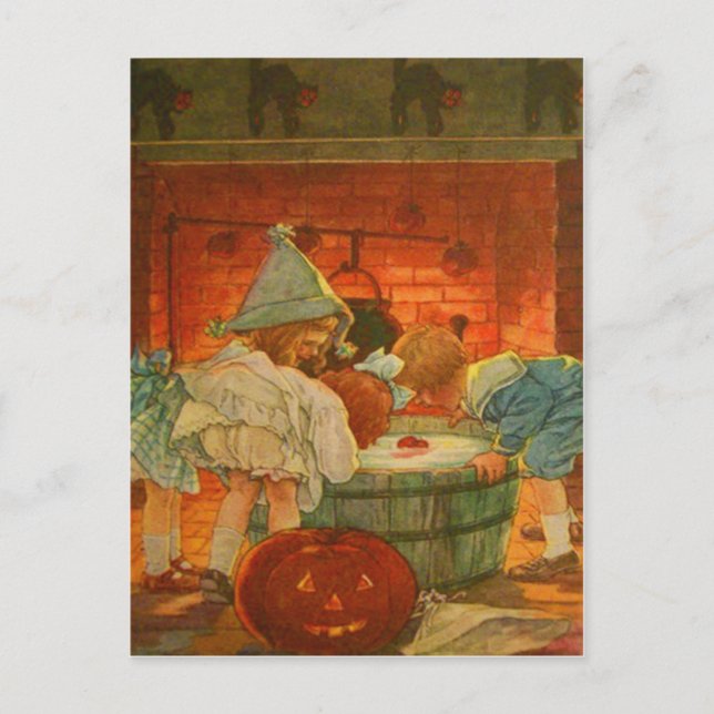 Carte Postale Citrouille Lanterne Jack Bobbing Pomme Chat Noir (Devant)