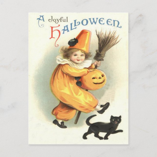 Carte Postale Citrouille Lanterne Jack Chat Noir Clown (Devant)