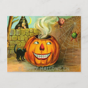 Carte Postale Citrouille Lanterne Jack Chat noir toile d'araigné