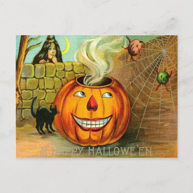 Carte Postale Citrouille Lanterne Jack Chat noir toile d'araigné (Devant)