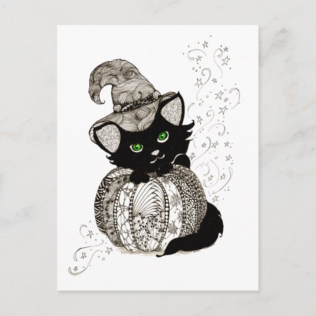 Carte Postale Citrouille noir Cat Green Eyes (Devant)