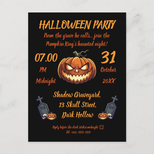 Carte Postale 🖤 Citrouille noir roi Halloween Invitation 🎃 (Devant)
