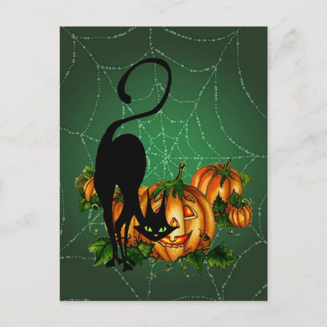 Carte Postale CITROUILLE PATCH, NOIR CAT & WEB par SHARON SHARPE (Devant)