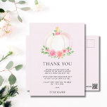 Carte Postale Citrouille rose Chute Baby shower Merci fille<br><div class="desc">Merci à votre famille et à vos amis pour leurs cadeaux bien pensés et pour avoir assisté à la douche de votre bébé avec cette jolie carte postale de remerciement. Elle est décorée d'une belle aquarelle rose citrouille, rose et verte, sur un arrière - plan rose moelleux. Facilement customisé. Aquarelle...</div>
