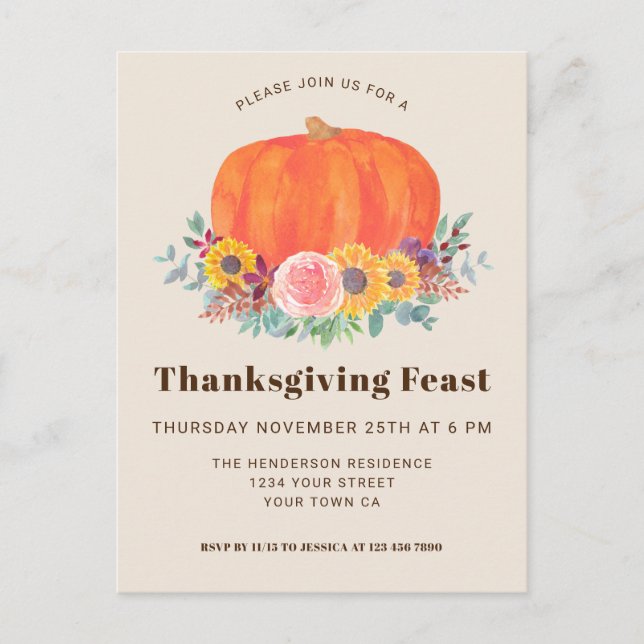 Carte postale citrouille Thanksgiving Dinner Invit (Devant)