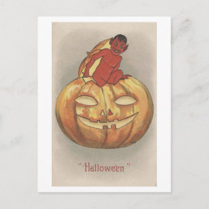 Carte Postale Citrouille vintage d'Halloween avec diable