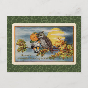 Carte Postale Citrouille Vintage Halloween garçon et hibou