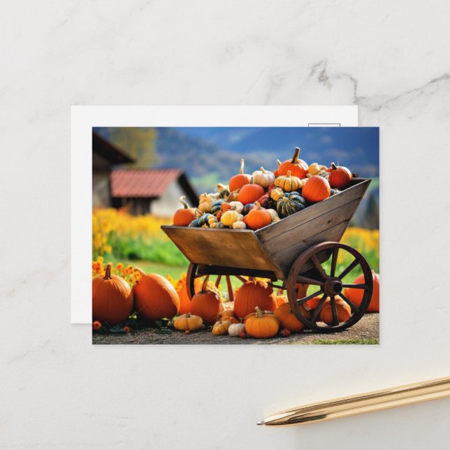 Carte Postale Citrouille Wheelbarrow, automne (Devant/Arrière en situation)