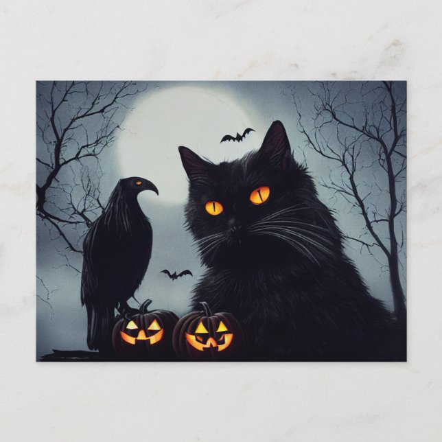 Carte Postale Citrouilles d'Halloween chat et corbeau à la plein (Devant)