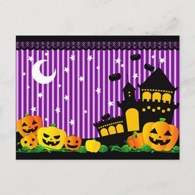 Carte Postale Citrouilles d'Halloween, Maison hantée et chauves- (Devant)
