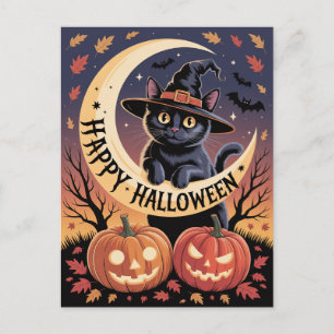 Carte Postale Citrouilles et chat noir Halloween tendance modern