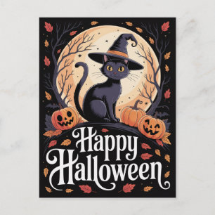 Carte Postale Citrouilles et chat noir modernes tendance pour Ha