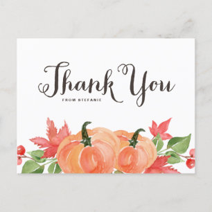 Carte Postale Citrouilles et feuilles d'érable aquarelles Merci