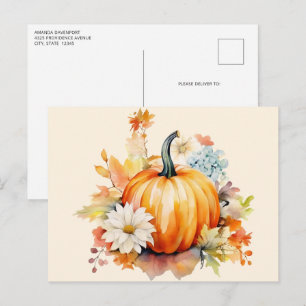 Carte Postale Citrouilles orange et fleurs automne