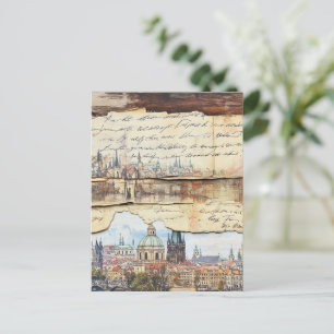 Carte Postale Cityscape européenne vintage avec lettre manuscrit