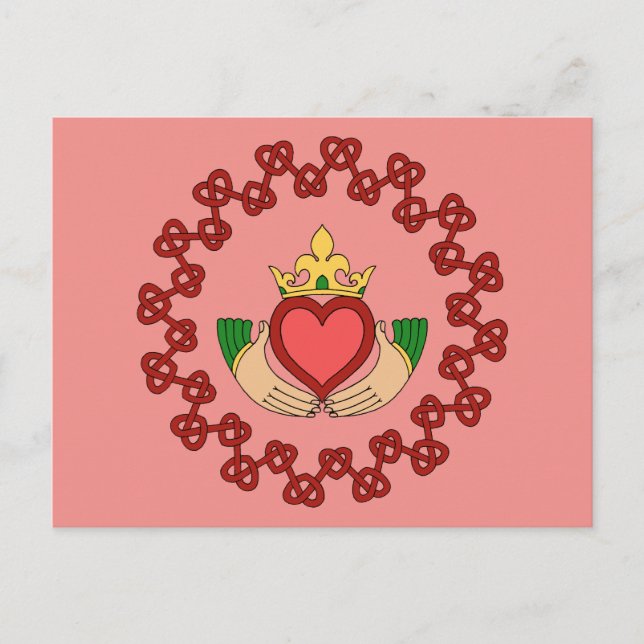 Carte Postale Claddagh et Red Knotwork sur rose (Devant)