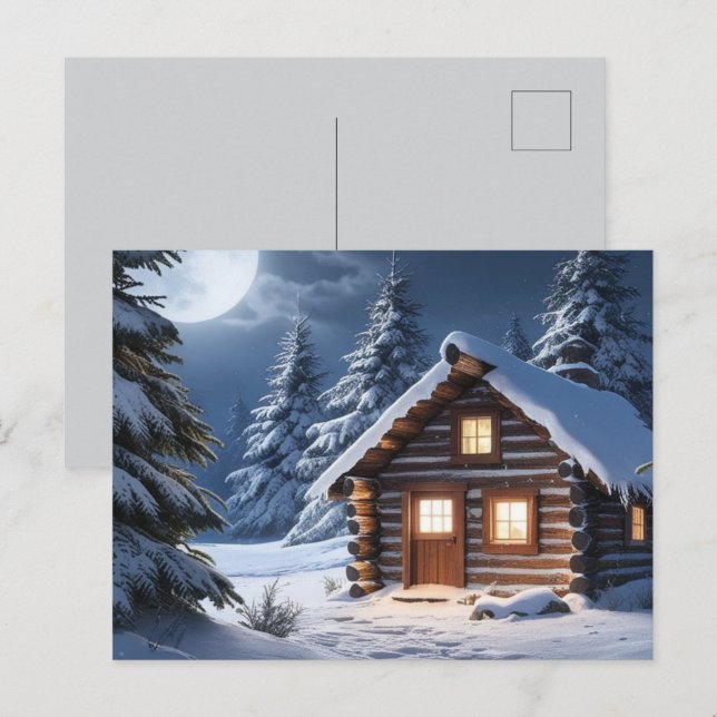 Carte Postale Claire de Lune Rustique Cabine d'Hiver Cosy  (Devant / Derrière)