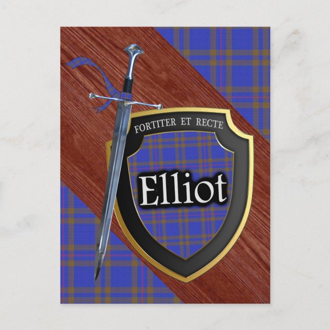 Carte Postale Clan Elliot Tartan Epée & Bouclier (Devant)