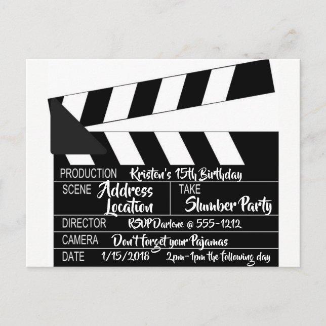 Carte postale Clapperboard Invitation personnalisé (Devant)