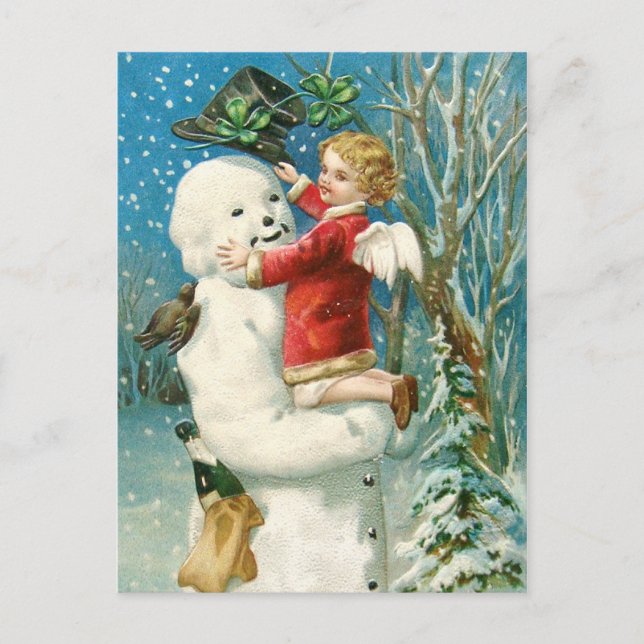 Carte Postale Clapsaddle : Snowman avec fille ange (Devant)