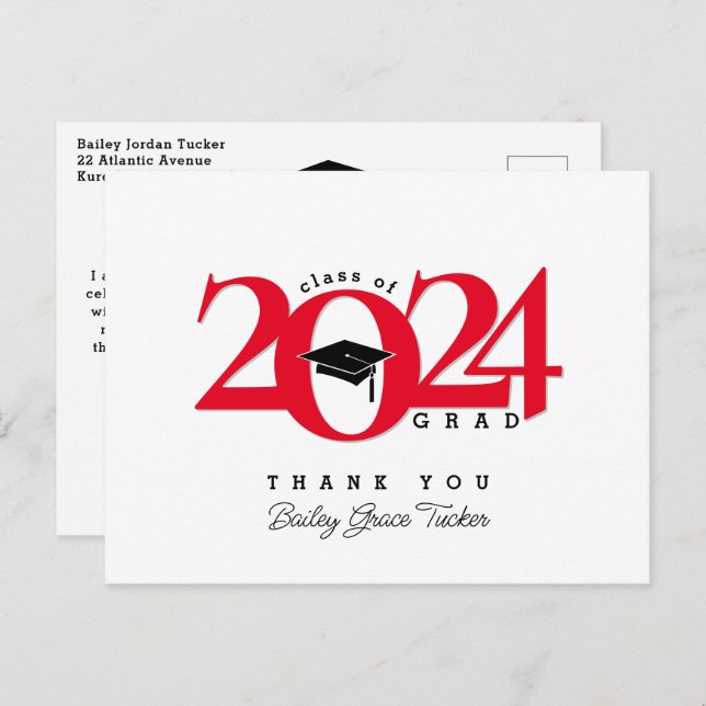 Carte Postale Classe Année Grad Tassel Red Graduation Merci (Devant / Derrière)